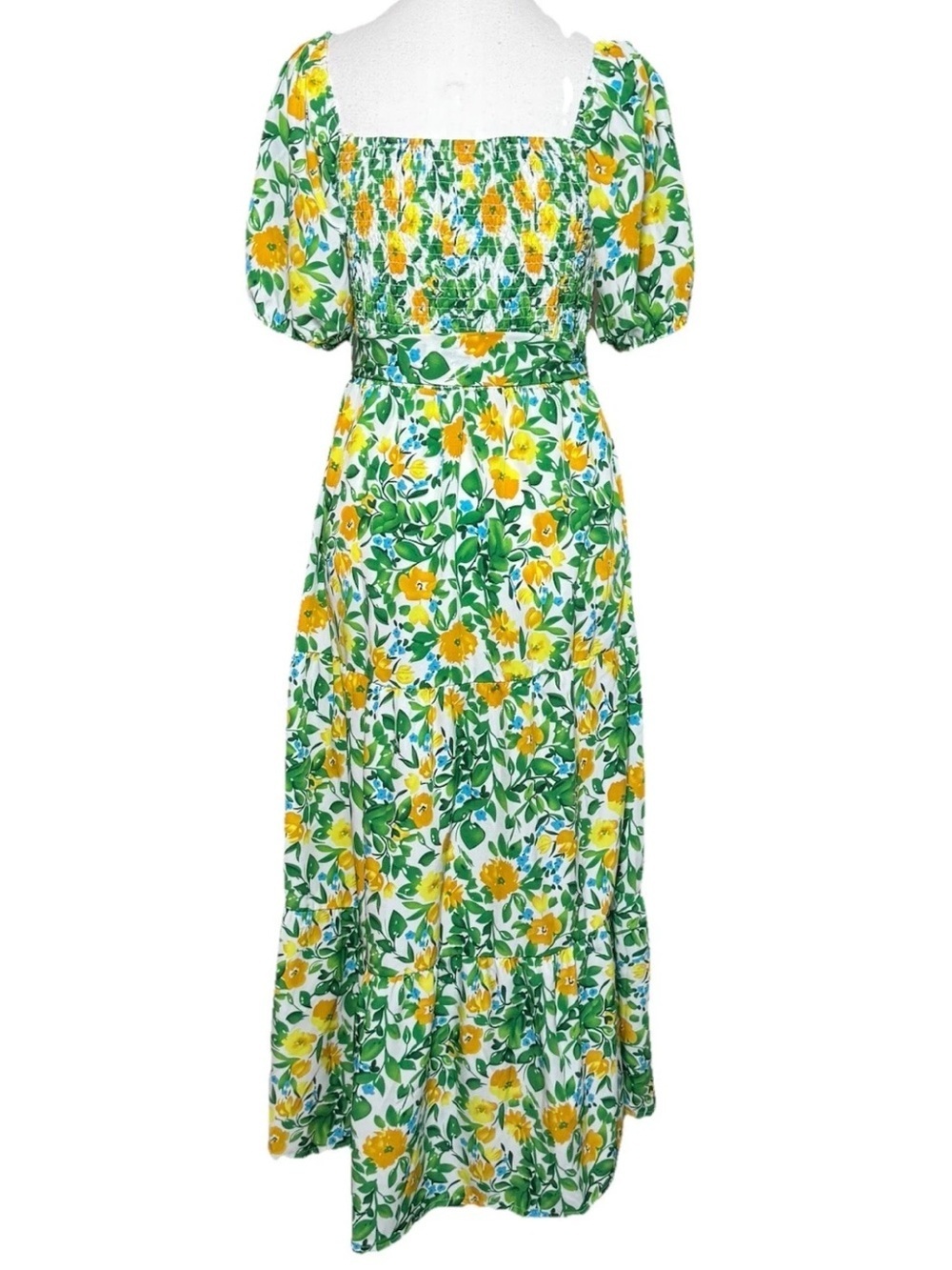 Ana & Rose Maxi Dress Medium Floral Yellow Green Square Neck Smocked Puff Sleeve